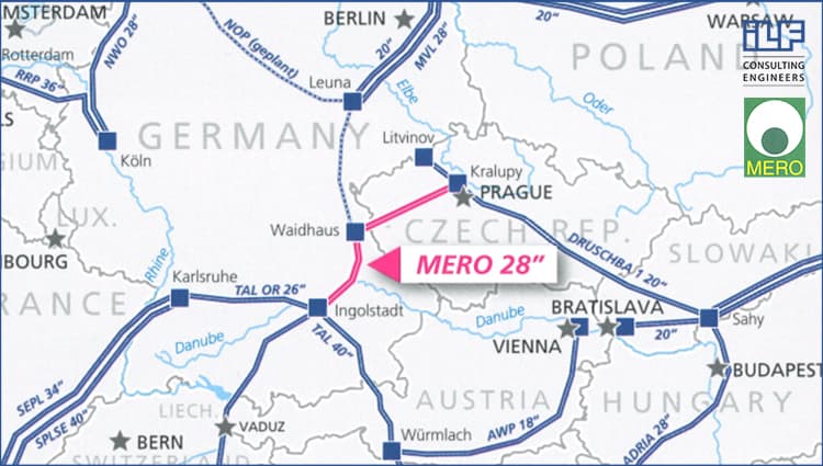 Map of Europe showing pipeline routes, with the MERO 28