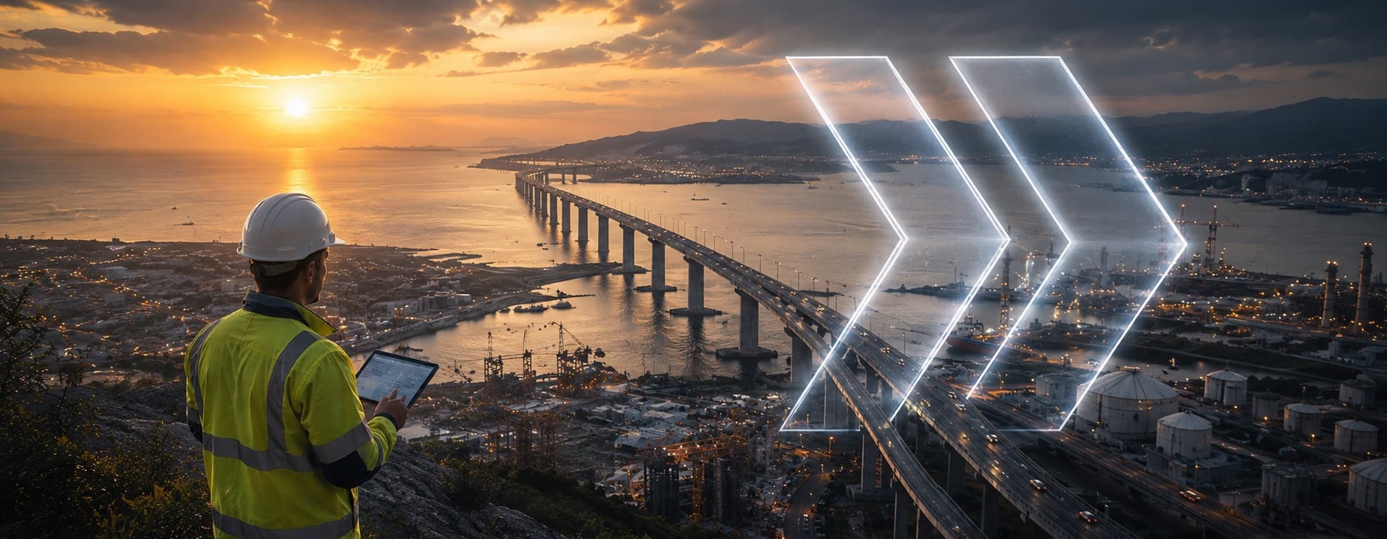 Engineer overlooking a coastal bridge at sunset