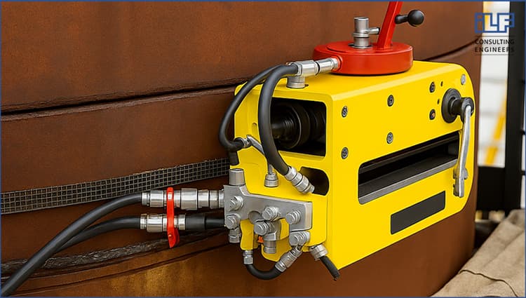 Yellow hydraulic diamond wire cutting machine mounted on a steel structure, showing connected hydraulic hoses and a control unit used for industrial cutting applications.