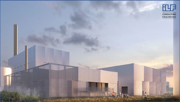 An artist's rendering of the proposed new power plant, showcasing its design and surrounding environment.