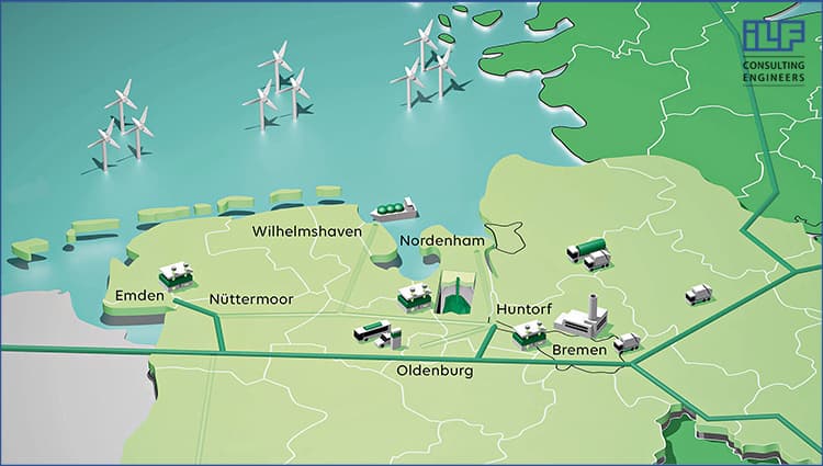 Map showing locations in northern Germany with offshore wind turbines and industrial facilities