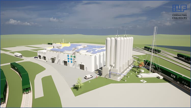 Industrial facility with storage tanks, solar panels, green freight trains, and ILF Consulting Engineers logo.